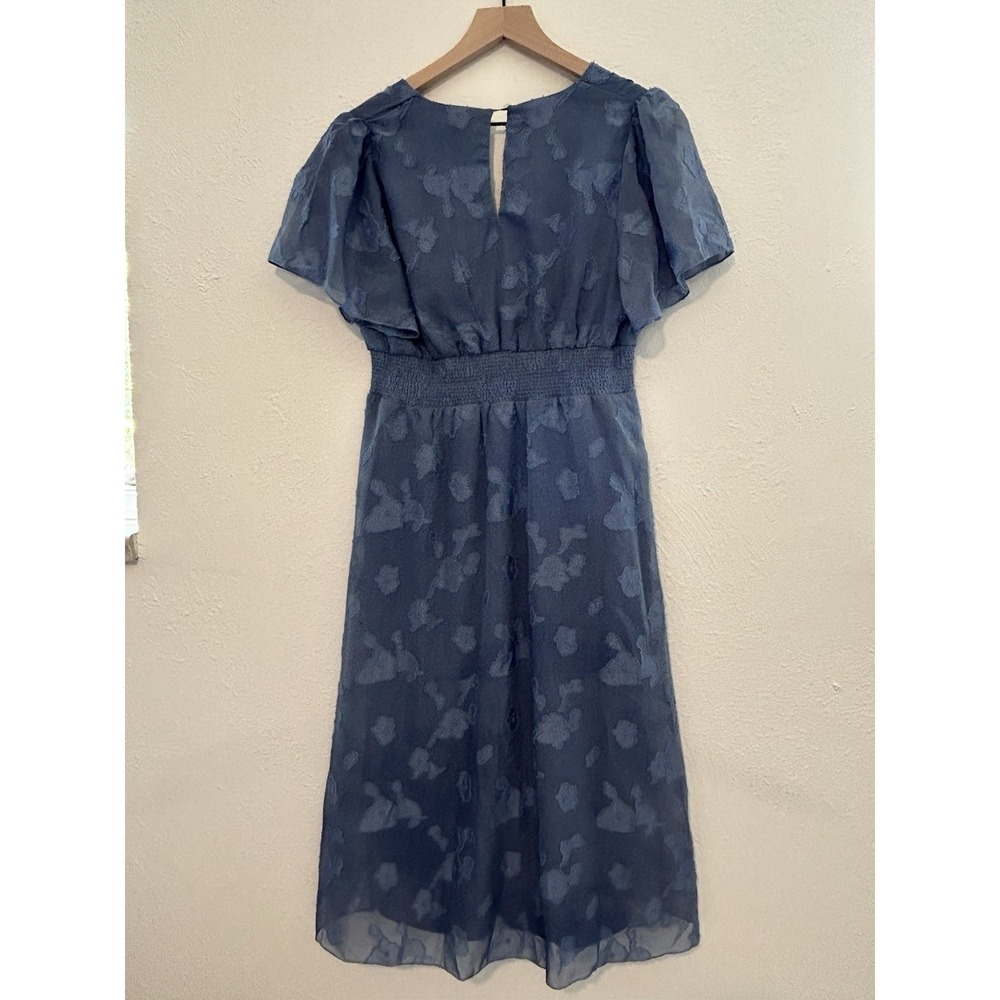 Baltic Born Blue Floral Embroidered Smocked Midi Dress V-Neck Flutter Sleeve M - Picture 6 of 8
